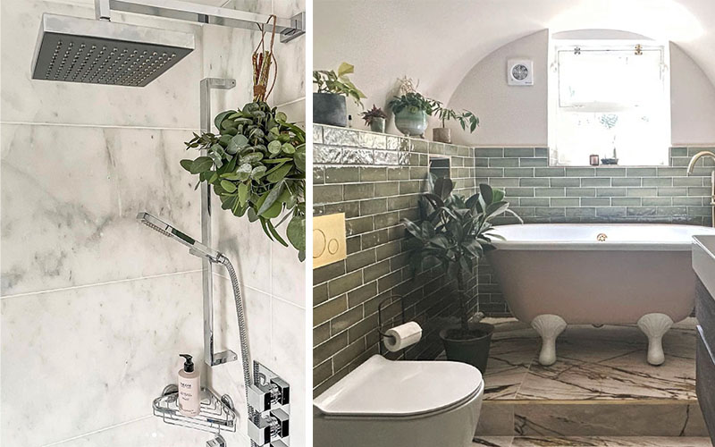 (Left) Ibizia Bianco honed shower tiles, (Right) Horizontal Babylon olive metro bathroom tiles